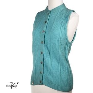 Vintage Turquoise Button Up V Neck Vest Sweater Deadstock 1970s Sz 36 - Hey Viv